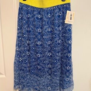 LuLaRoe Vibrant Blue Lace Midi Skirt with Yellow Waistband